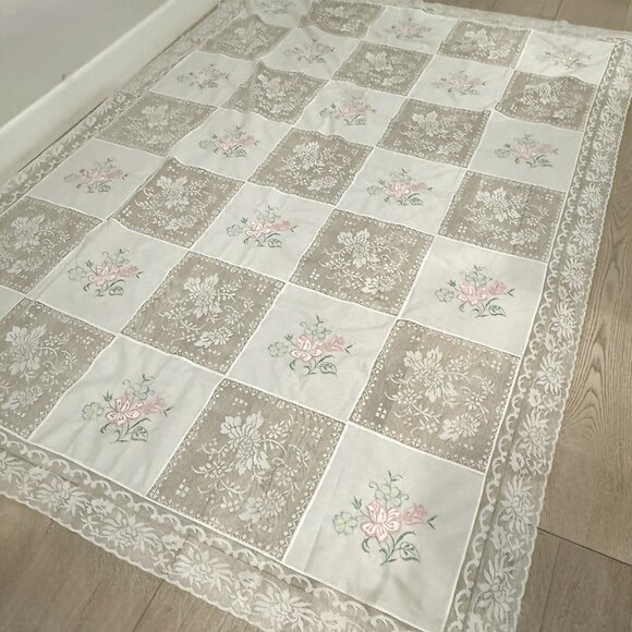Vintage Tablecloth Hand Embroidery Lace Square Pattern White Floral 88x65” - Picture 1 of 16